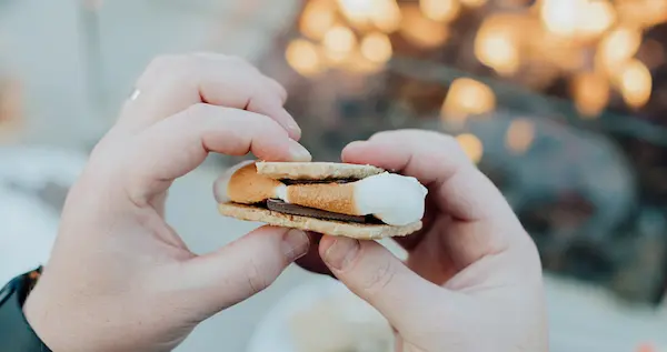 Two hands holding a s'more.