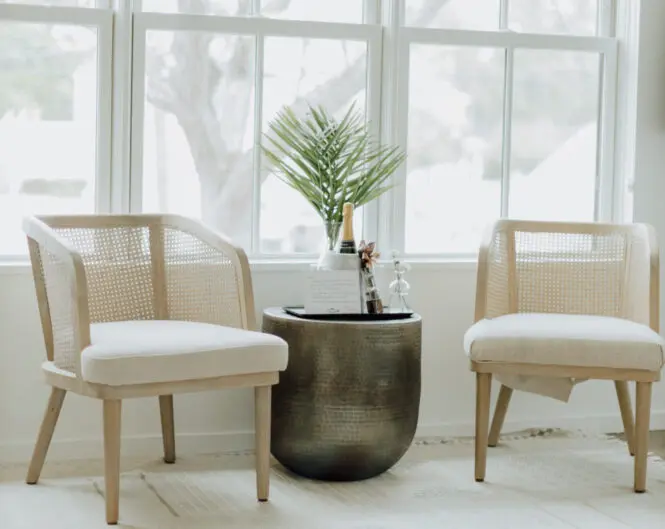 Two chairs with white seats and backrests, a plant in a white vase on a table, and a window with white trim in the background.
