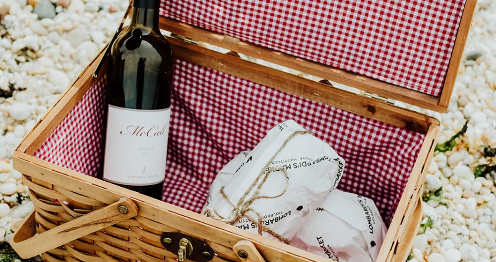 Wine and snacks in a basket